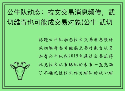 公牛队动态：拉文交易消息频传，武切维奇也可能成交易对象(公牛 武切维奇)