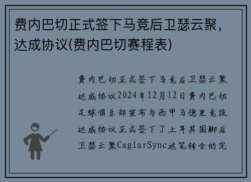 费内巴切正式签下马竞后卫瑟云聚,达成协议(费内巴切赛程表)