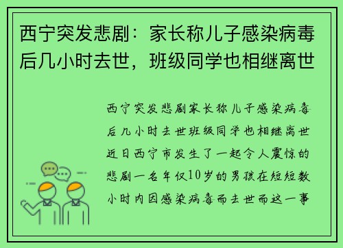 西宁突发悲剧:家长称儿子感染病毒后几小时去世,班级同学也相继离世