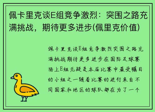 佩卡里克谈E组竞争激烈：突围之路充满挑战，期待更多进步(佩里克价值)