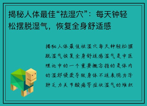 揭秘人体最佳“祛湿穴”：每天钟轻松摆脱湿气，恢复全身舒适感