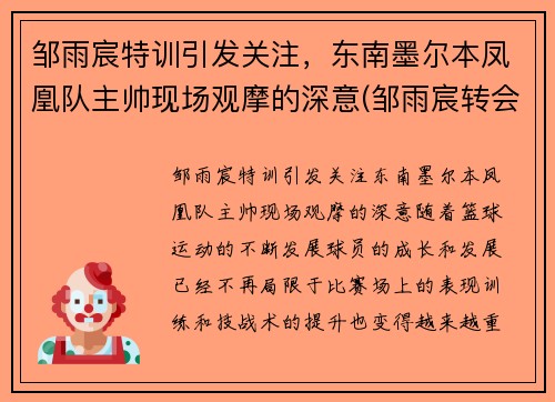 邹雨宸特训引发关注,东南墨尔本凤凰队主帅现场观摩的深意(邹雨宸转会首钢)