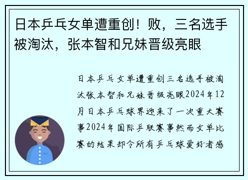 日本乒乓女单遭重创！败，三名选手被淘汰，张本智和兄妹晋级亮眼