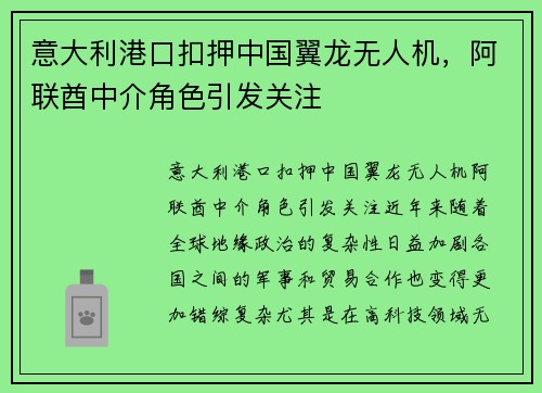 意大利港口扣押中国翼龙无人机，阿联酋中介角色引发关注