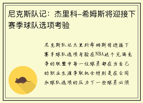 尼克斯队记：杰里科-希姆斯将迎接下赛季球队选项考验