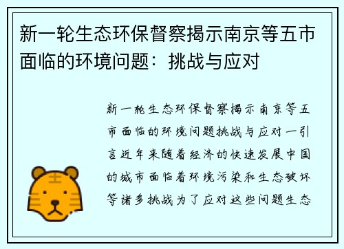 新一轮生态环保督察揭示南京等五市面临的环境问题：挑战与应对