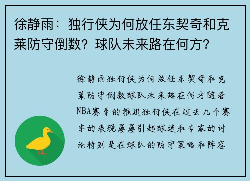 徐静雨：独行侠为何放任东契奇和克莱防守倒数？球队未来路在何方？