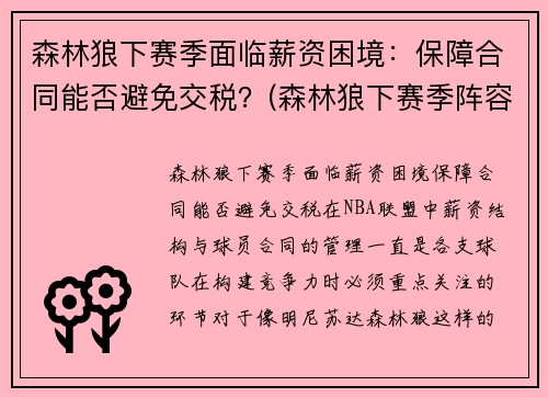 森林狼下赛季面临薪资困境：保障合同能否避免交税？(森林狼下赛季阵容)