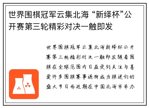 世界围棋冠军云集北海 “新绎杯”公开赛第三轮精彩对决一触即发